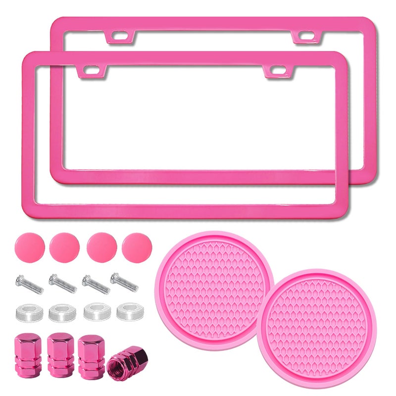ZukMi 2 Pack License Plate Frame for Car Matte Metal Aluminum Rust-Proof License Plate Holder Cover Gloss Black Front Rear Number Tag Frame for Men Women Universal Fit (Pink) - Image 1