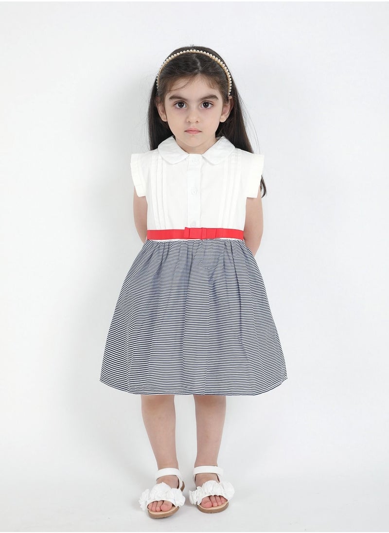 FULL JOY An  elegant and Beautiful  Baby Girls' Dress with a belt on waist  , White-Blue  - Image 1