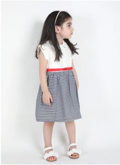 FULL JOY An  elegant and Beautiful  Baby Girls' Dress with a belt on waist  , White-Blue  - Image 2