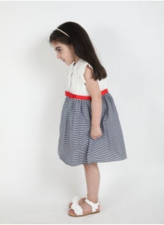 FULL JOY An  elegant and Beautiful  Baby Girls' Dress with a belt on waist  , White-Blue  - Image 3