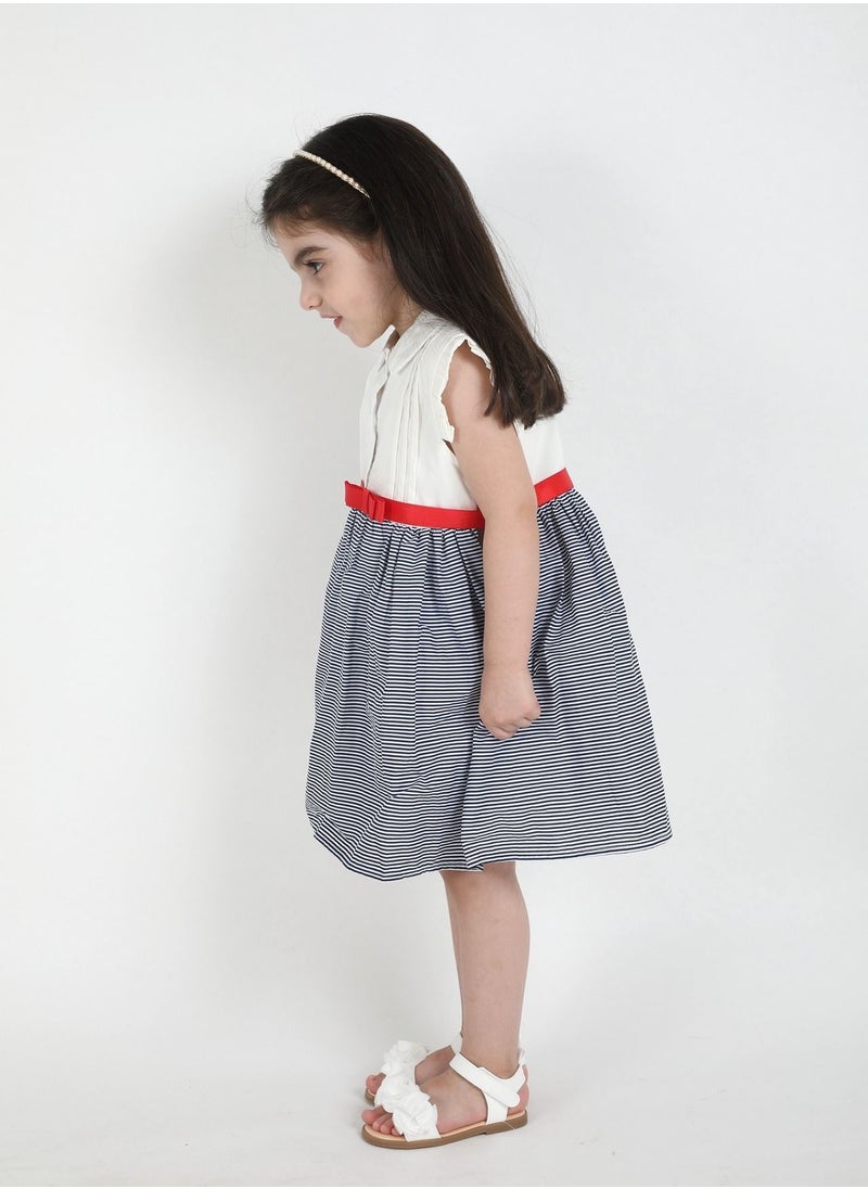 FULL JOY An  elegant and Beautiful  Baby Girls' Dress with a belt on waist  , White-Blue  - Image 3