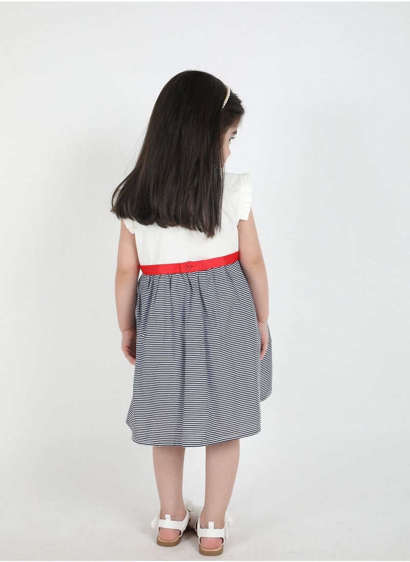 FULL JOY An  elegant and Beautiful  Baby Girls' Dress with a belt on waist  , White-Blue  - Image 4