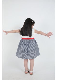FULL JOY An  elegant and Beautiful  Baby Girls' Dress with a belt on waist  , White-Blue  - Image 5