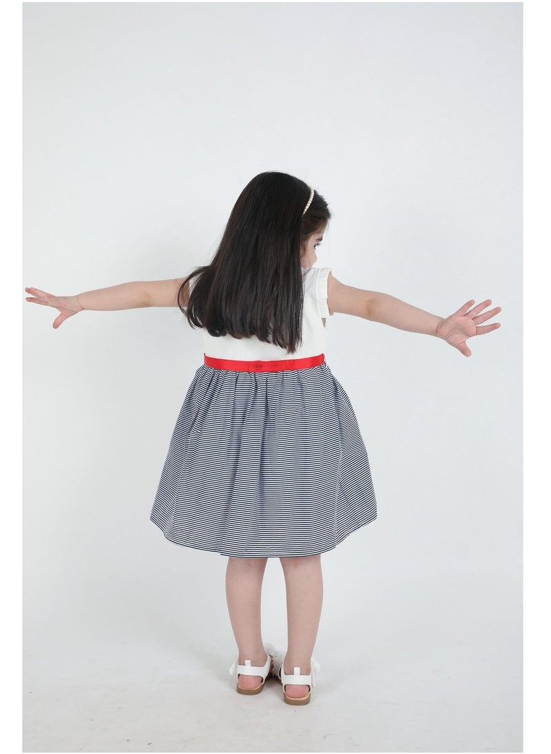 FULL JOY An  elegant and Beautiful  Baby Girls' Dress with a belt on waist  , White-Blue  - Image 5