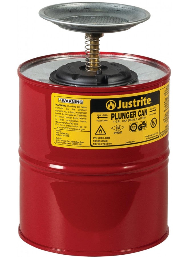 Justrite Justrite - 10308 1 Gallon Red Galvanized Steel Safety Plunger Can with 5" Dasher Plate and BrassRyton Plunger Assembly (for Flammables)  - Image 1