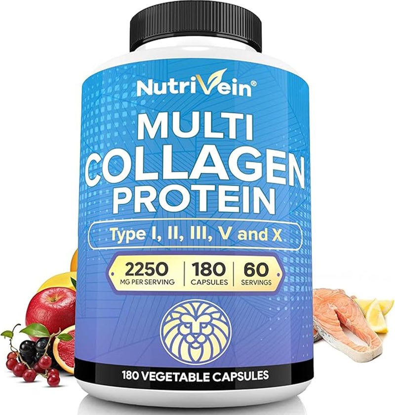 Nutrivein حبوب كولاجين متعددة من نوتريفين 2250 ملغ 180 كبسولة كولاجين سهلة البلع نوع I II III V X بروتين هيدروليز ببتيدات للنساء والرجال مفيدة للمفاصل والشعر والبشرة والعظام والأظافر - Image 1
