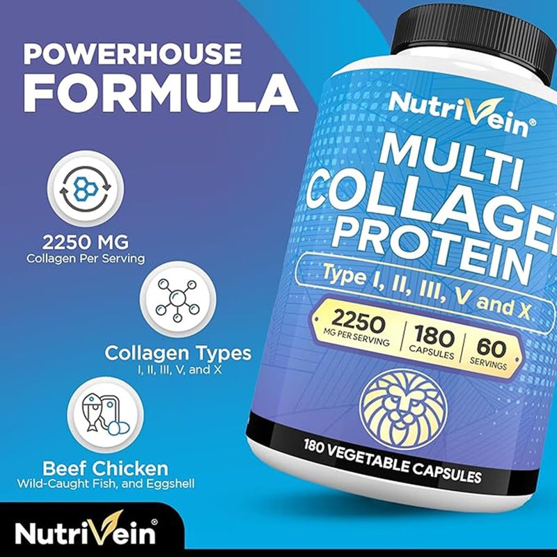 Nutrivein حبوب كولاجين متعددة من نوتريفين 2250 ملغ 180 كبسولة كولاجين سهلة البلع نوع I II III V X بروتين هيدروليز ببتيدات للنساء والرجال مفيدة للمفاصل والشعر والبشرة والعظام والأظافر - Image 3