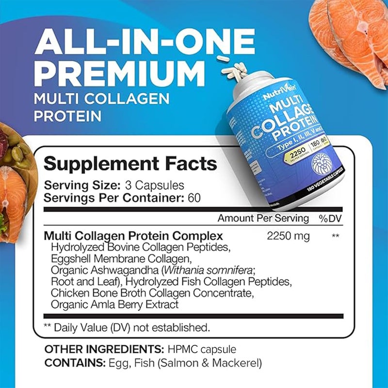 Nutrivein حبوب كولاجين متعددة من نوتريفين 2250 ملغ 180 كبسولة كولاجين سهلة البلع نوع I II III V X بروتين هيدروليز ببتيدات للنساء والرجال مفيدة للمفاصل والشعر والبشرة والعظام والأظافر - Image 2