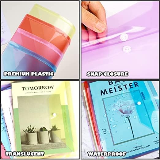 CAMPIO Transparent Document Folder - Side Opening Colored Poly-Plastic File Storage Bag with Snap Button - A4 & Legal Size Document Folder for Certificates, Plastic File Organizer - Set of 50 - Image 2