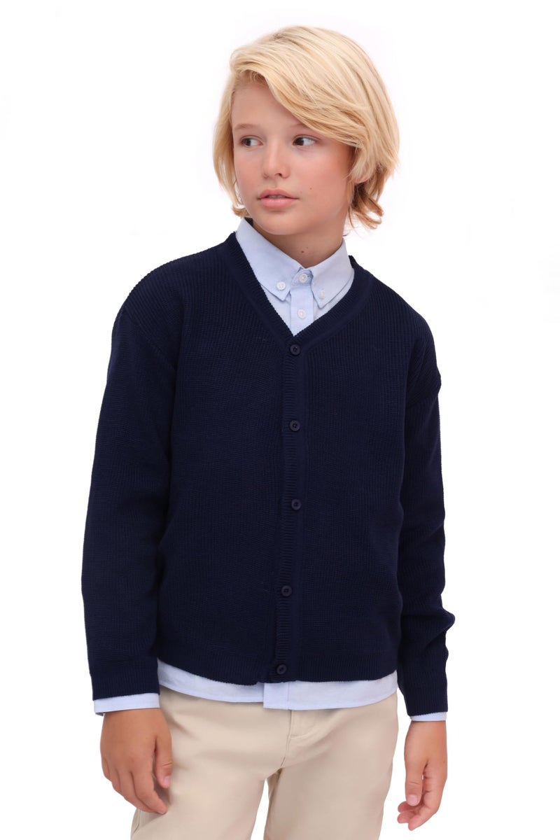 Lilax Little Boys Basic Long Sleeve V-Neck Classic Knit Cardigan Sweater 5T Navy - Image 1