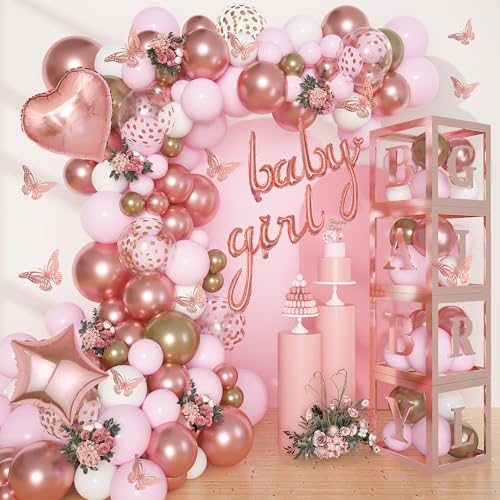 Amandir 134pcs Rose Gold Balloons Baby Shower Decorations for Girl Boxes Butterfly Stickers Balloon Garland Arch Kit Baby Box with Letter AZBaby for Women Birthday Bridal Party Decoration - Image 1