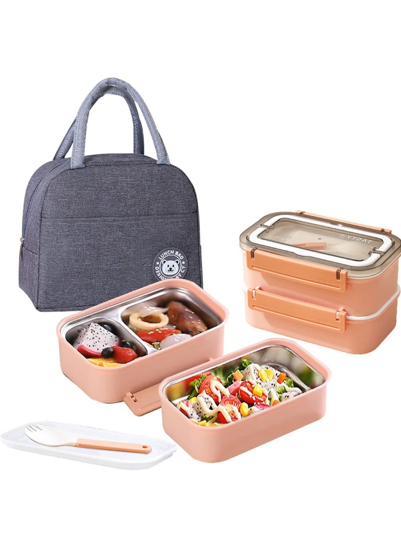 روك بو الفولاذ المقاوم للصدأ مربع الغداء - العزل الحراري مربع بينتو متعددة الوظائف حاوية مع 2 مقصورات الغذاء الحاويات ، أدوات المائدة ، كيس نايلون العزل الحراري ( 1.6L الوردي ) - Image 1
