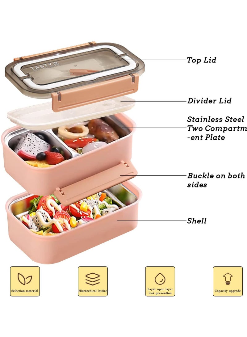 روك بو الفولاذ المقاوم للصدأ مربع الغداء - العزل الحراري مربع بينتو متعددة الوظائف حاوية مع 2 مقصورات الغذاء الحاويات ، أدوات المائدة ، كيس نايلون العزل الحراري ( 1.6L الوردي ) - Image 3