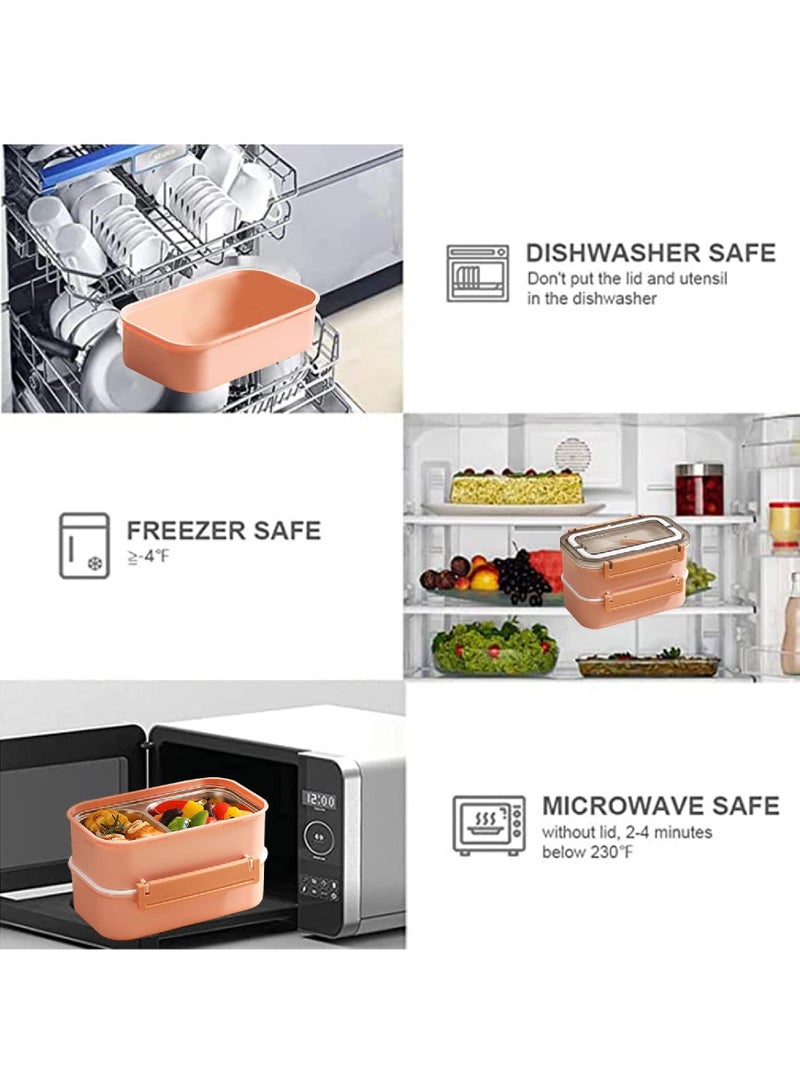 روك بو الفولاذ المقاوم للصدأ مربع الغداء - العزل الحراري مربع بينتو متعددة الوظائف حاوية مع 2 مقصورات الغذاء الحاويات ، أدوات المائدة ، كيس نايلون العزل الحراري ( 1.6L الوردي ) - Image 5
