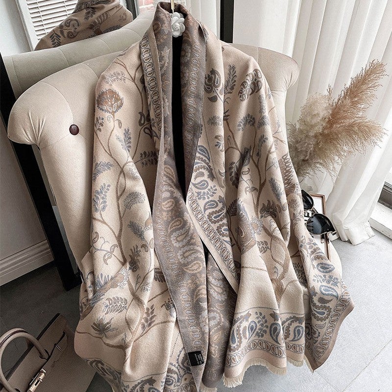 Cashew Flower Shawl Luxurious Woolen Warm Scarf Cashew Beige - Image 1