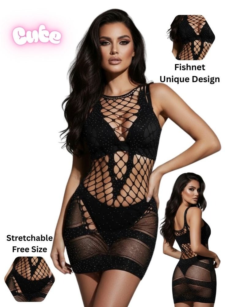 كيوت Black Fishnet Mini Dress Lingerie Stretchable Free Size Bold Bodycon Nightwear Unique Net Pattern for Everyday Use and Special Occasions - Image 1