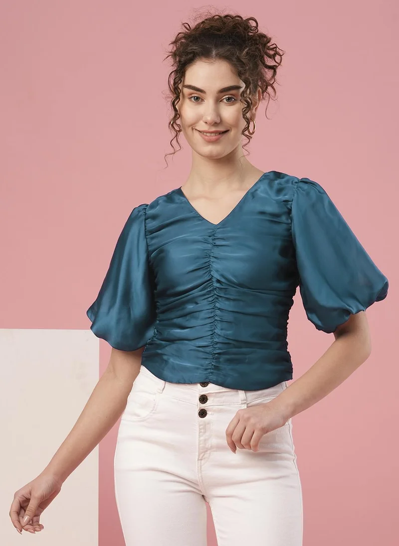 globus Globus Women Teal Blue V-Neck Puff Sleeve Opaque Crepe Top