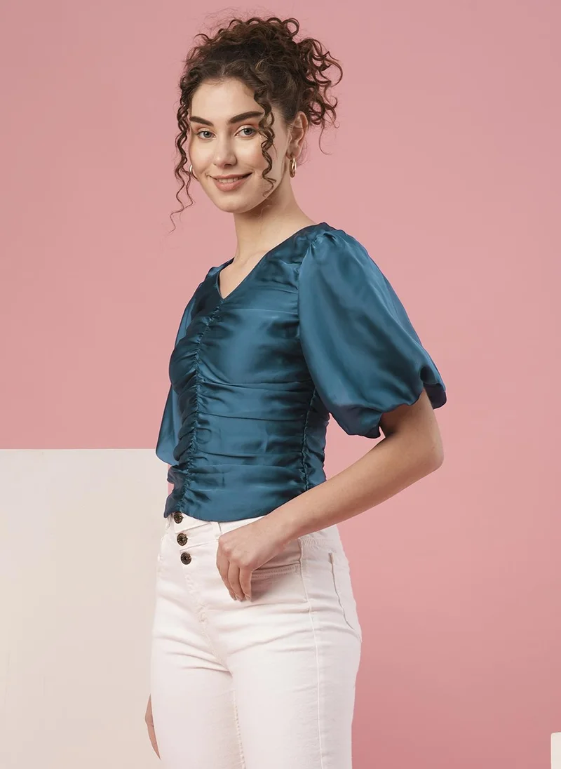globus Globus Women Teal Blue V-Neck Puff Sleeve Opaque Crepe Top