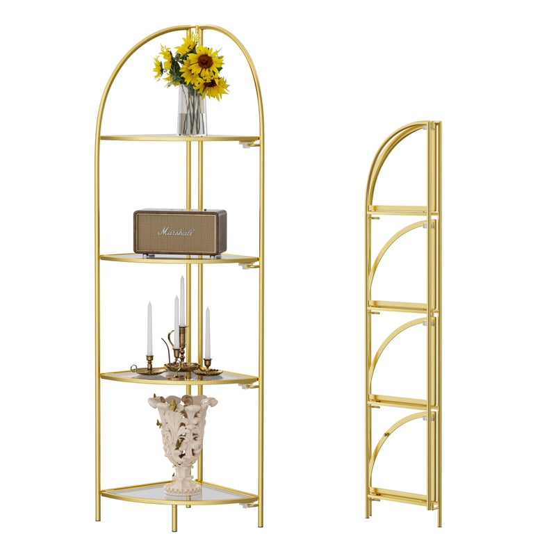 Crofy Foldable 4 Tier Corner Shelf Metal Corner Plant Stand with Gold Frame and Transparent Shelves Corner Display Rack Multipurpose Shelving Unit for Living Room Bedroom Bathroom
