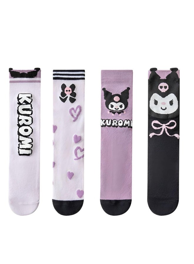 kuromi 4 Pairs Knee High Socks for Girls, Cute Cartoon Compression Sock, Comfy Breathable Long Cotton Stocking - Image 2