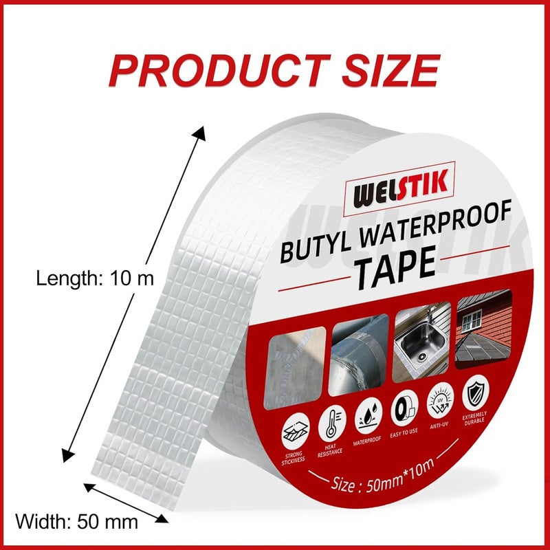 WELSTIK شريط من الألومنيوم والبوتيل 50 مم × 10 م (2 بوصة × 33 قدم)، شريط مانع للتسرب مقاوم للماء، شريط فضي لإصلاح تسرب السقف للمركبات الترفيهية، النوافذ، الأنابيب، المزاريب، الوميض، وأسطح الزجاج والمعدن - Image 2