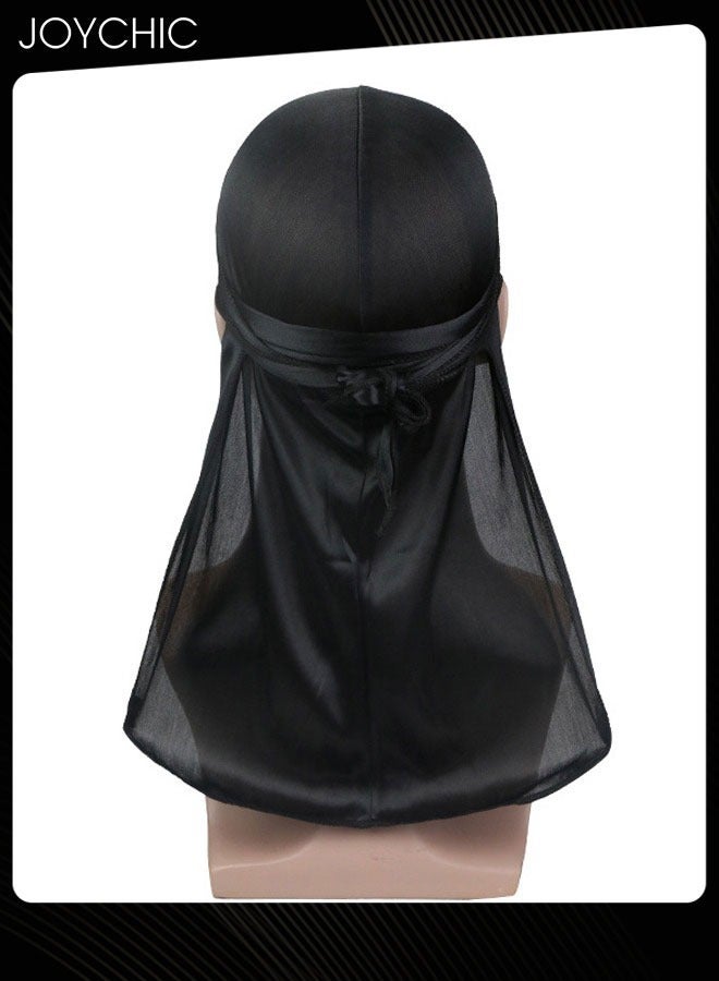 Joychic New Style Soild Pattern Silk Durag Satin for Men Pirate Caps Long Tail Decoration Head Wrap Elastic Beanie Hats Waves Hijab  Black  - Image 2
