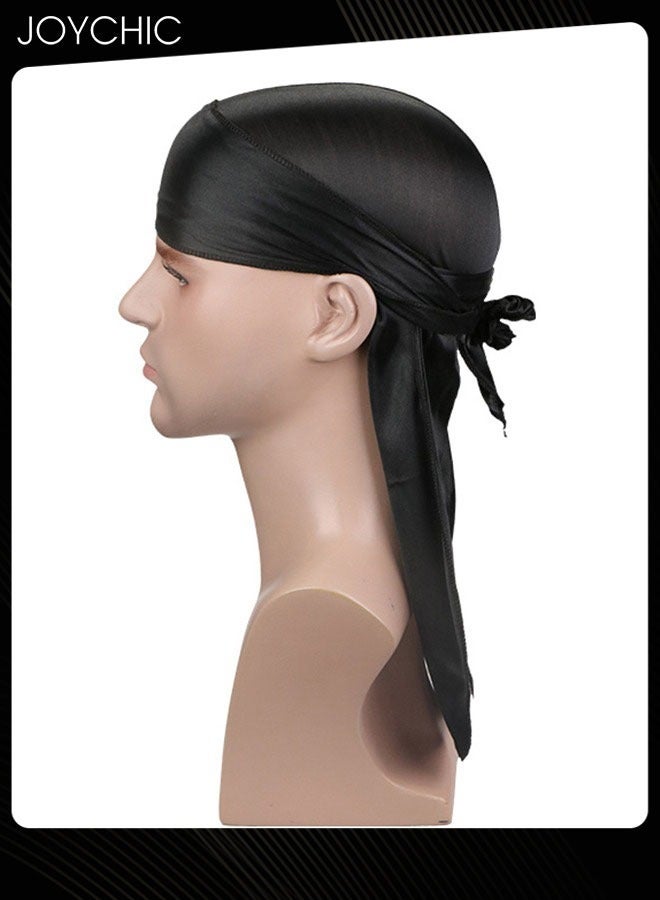 Joychic New Style Soild Pattern Silk Durag Satin for Men Pirate Caps Long Tail Decoration Head Wrap Elastic Beanie Hats Waves Hijab  Black  - Image 3