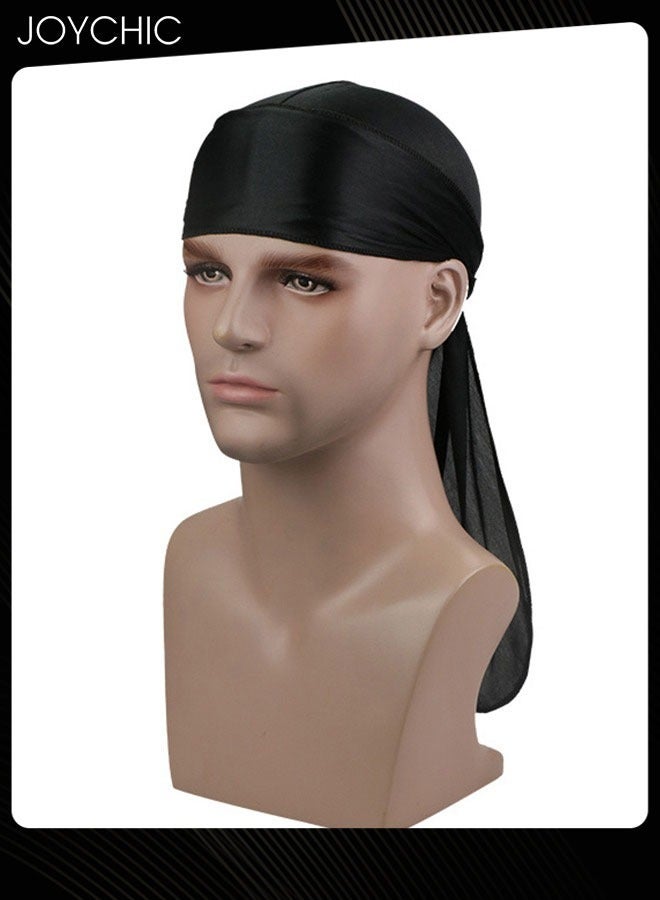 Joychic New Style Soild Pattern Silk Durag Satin for Men Pirate Caps Long Tail Decoration Head Wrap Elastic Beanie Hats Waves Hijab  Black  - Image 4