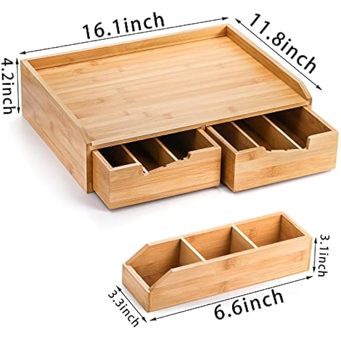 ريحني منظم درج من الخيزران لصندوق القهوة، منظم كوب K للمنضدة، منظم تخزين أكياس الشاي مع درج وصندوق تخزين جانبي لمطبخ مقهى المقهى - Image 4