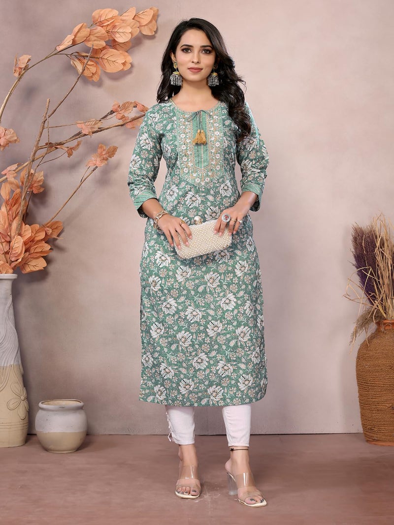 rangita Green Cotton Calf Length Embroidered Straight Kurti | Kurta for Women_2XL - Image 5