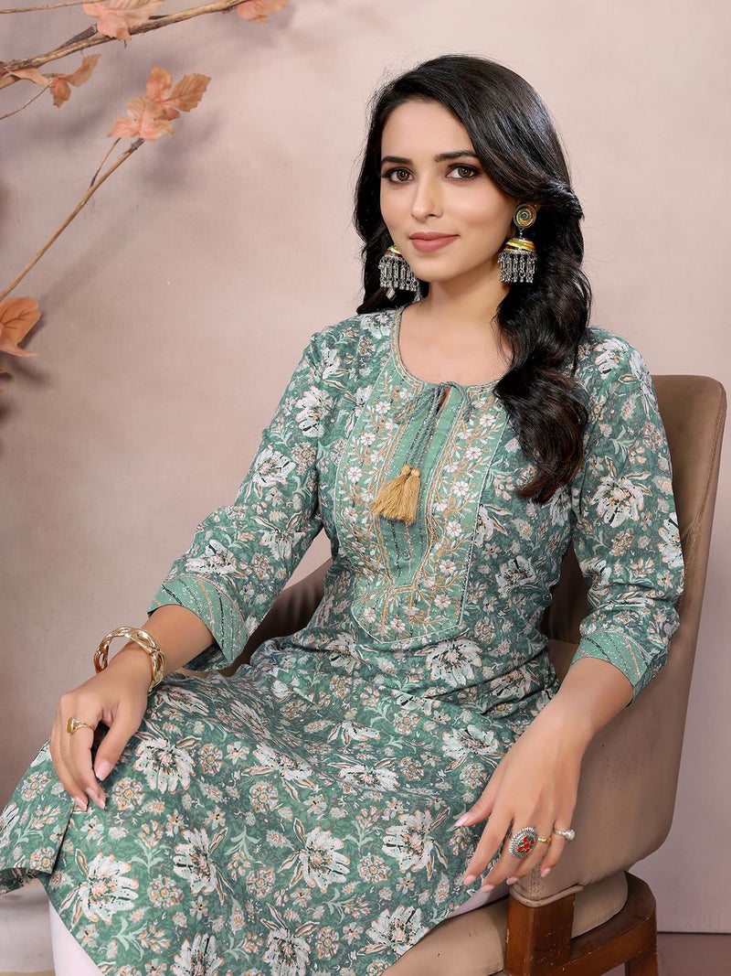 rangita Green Cotton Calf Length Embroidered Straight Kurti | Kurta for Women_2XL - Image 3