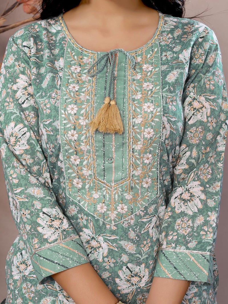 rangita Green Cotton Calf Length Embroidered Straight Kurti | Kurta for Women_2XL - Image 2
