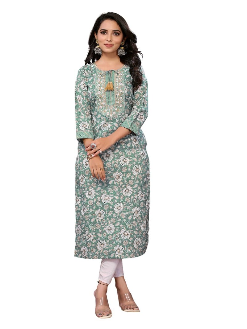 rangita Green Cotton Calf Length Embroidered Straight Kurti | Kurta for Women_2XL - Image 1