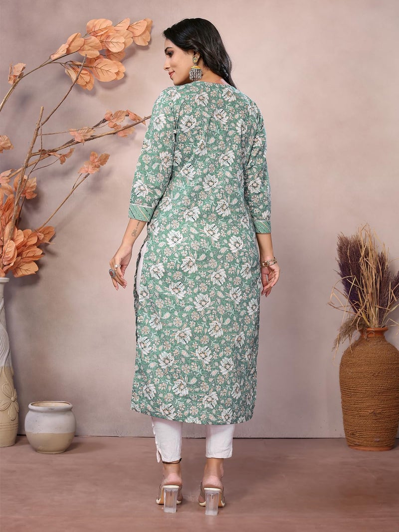 rangita Green Cotton Calf Length Embroidered Straight Kurti | Kurta for Women_2XL - Image 4