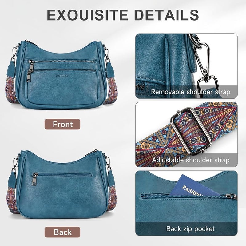 KITEVIUN Crossbody Bags for Women Leather Purse Trendy Multi Pocket Shoulder Handbags with Adjustable Guitar Strap - Image 5