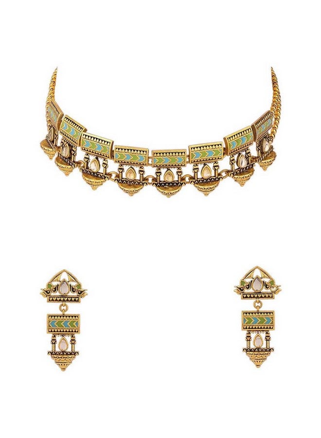 VOYLLA Gwalior Gold Toned Jharokha Motifs Necklace Set - Image 1
