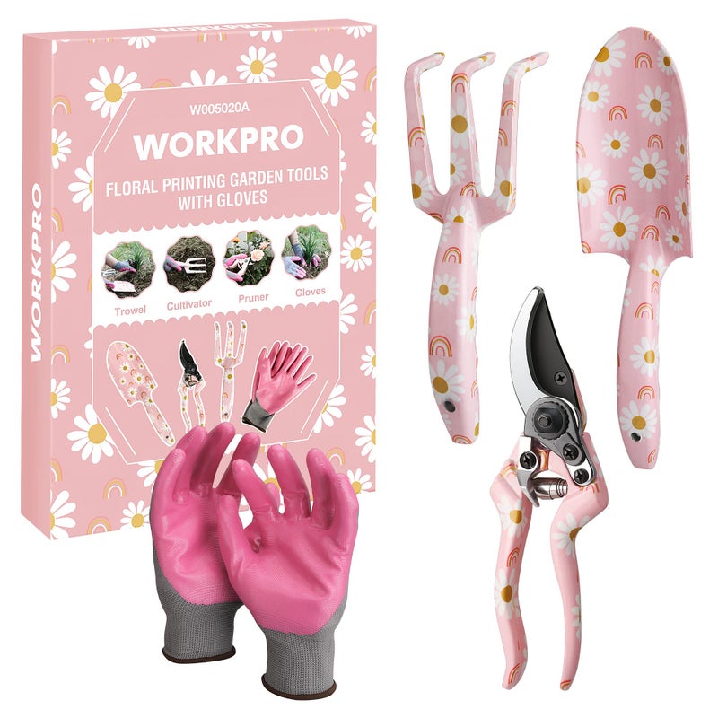WORKPRO مجموعة أدوات حديقة WORKPRO من الألمنيوم، 4 قطع أدوات حديقة ثقيلة مع صندوق تشمل مجرفة، أشعل، مقص، قفازات، وردي، هدايا حديقة - شريط وردي - Image 1