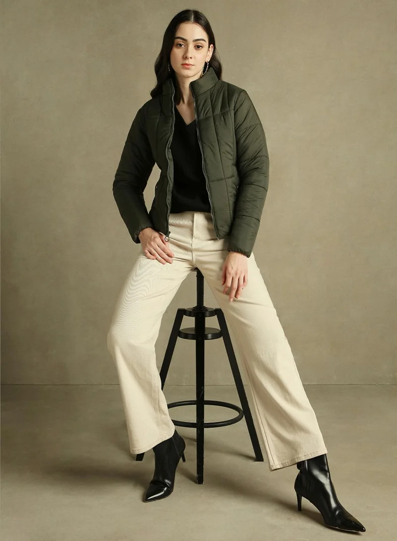 Dennis Lingo Women's Olive 100% Polyester Solid Regular Fit Jacket