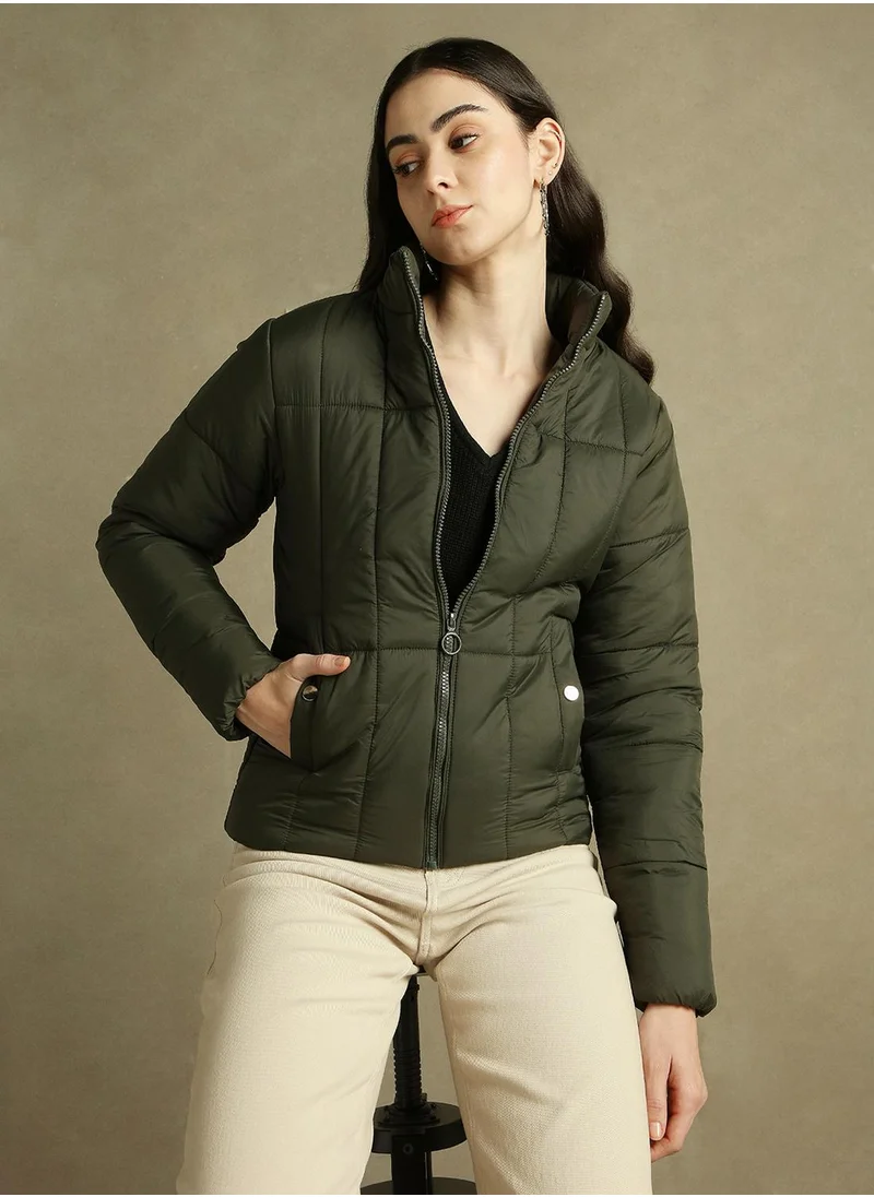 Dennis Lingo Women's Olive 100% Polyester Solid Regular Fit Jacket