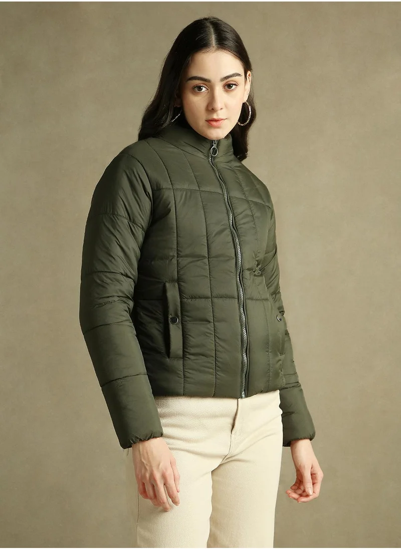 Dennis Lingo Women's Olive 100% Polyester Solid Regular Fit Jacket