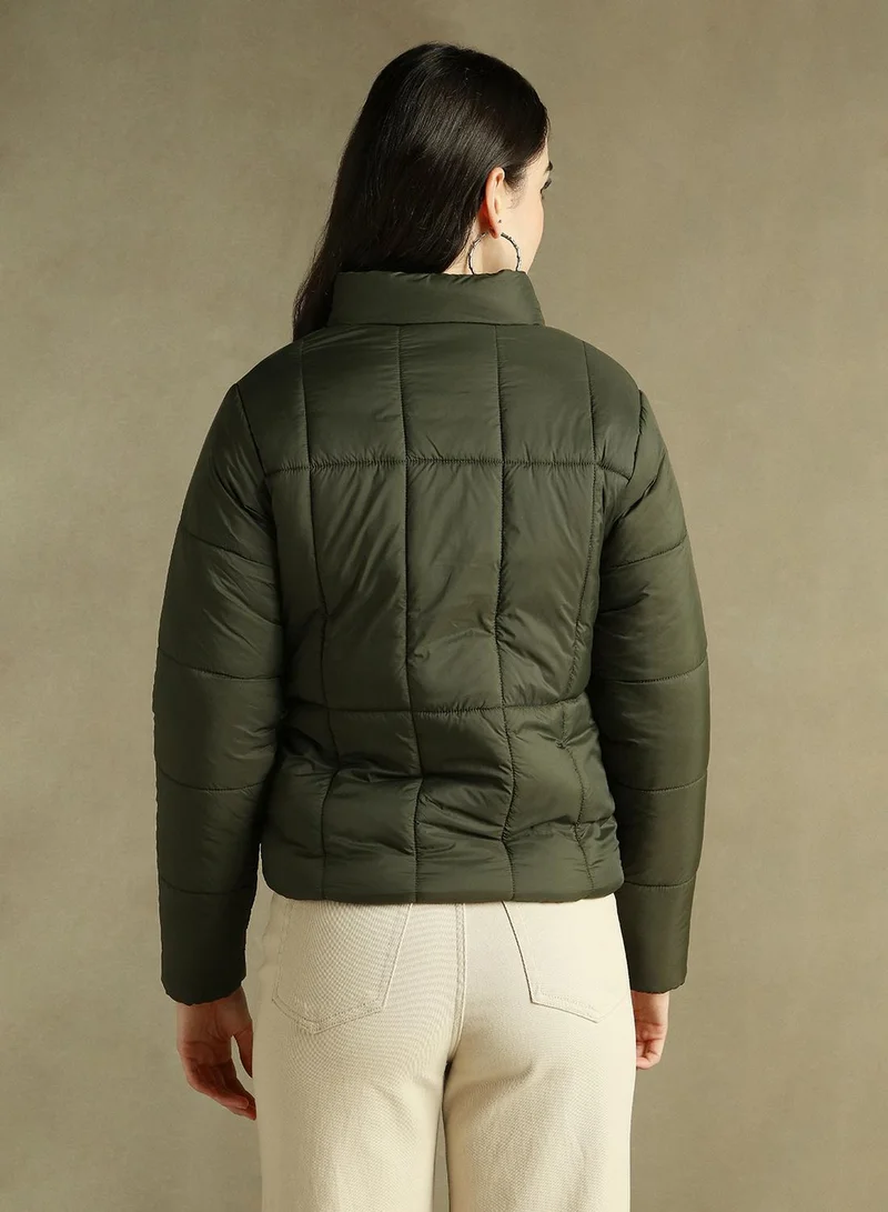 Dennis Lingo Women's Olive 100% Polyester Solid Regular Fit Jacket