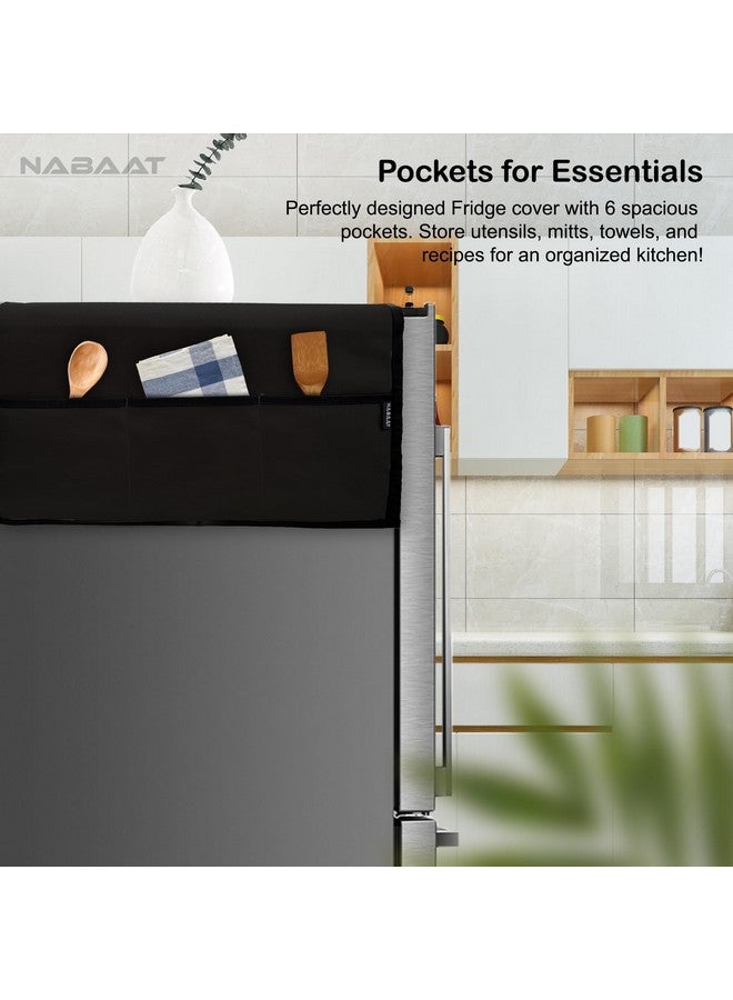 NABAAT غطاء ثلاجة نباة علوي لثلاجة ذات بابين ديكور مطبخ متين مضاد للغبار ومقاوم للماء تصميم حديث مع 6 جيوب جانبية لملحقات المطبخ - 170 x 65 سم (أسود) - Image 3