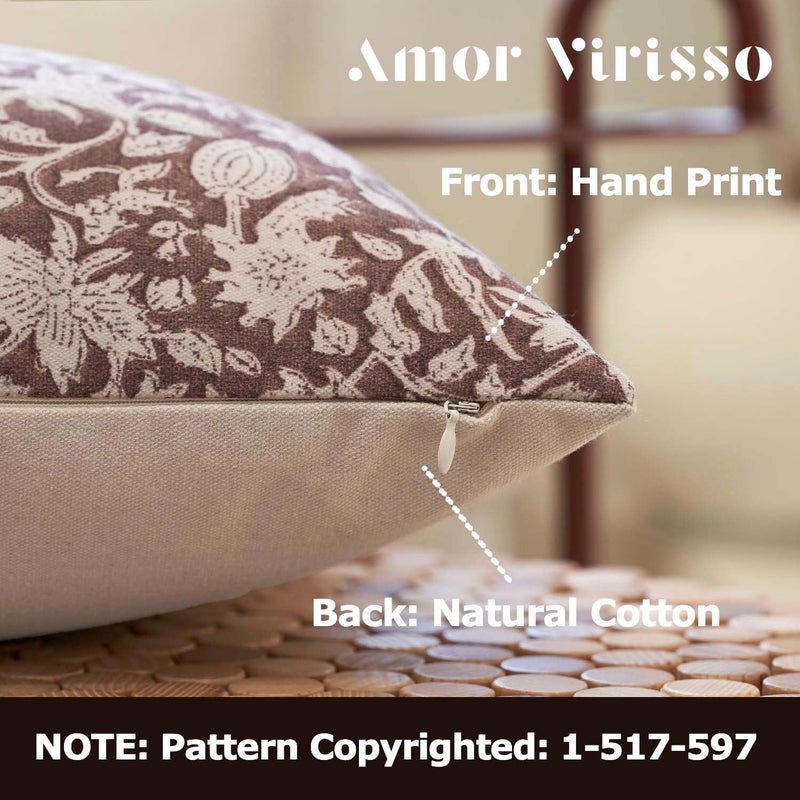 Amor Virisso Floral Throw Pillow Covers 24x24 Couch Pillows for Living Room Bed Block Print Decorative Accent Throw Pillow Covers Farmhouse Neutral Pillow Covers Sofa Pillows 1PC, Brown - Image 2