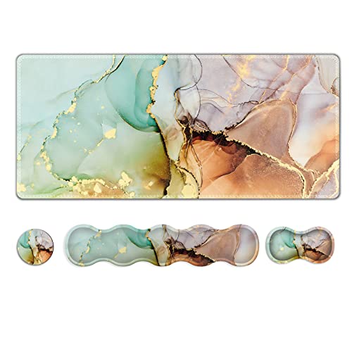 ARTSO Upgraded Extended Gaming Mouse Pad, Keyboard Wrist Rest Pad, Wrist Support Mousepad Set, Artso Large Rubber Base Stitched Edges Desk Pad (35 x15.5 in) for Office, Home,Abstract Art Marble - Image 1