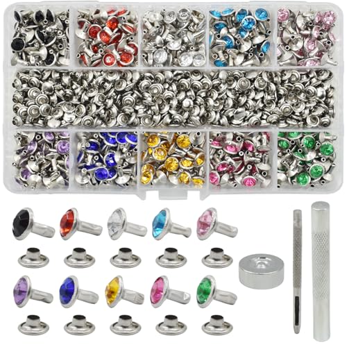 BDS-HOME 400sets 7mm Rhinestone Rivets 10 Colors Cz Crystal Rivets with Tubular Metal Studs 3 Tools for Clothing, Performance, Arts and Leather Craft DIY Making - Image 1