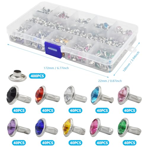 BDS-HOME 400sets 7mm Rhinestone Rivets 10 Colors Cz Crystal Rivets with Tubular Metal Studs 3 Tools for Clothing, Performance, Arts and Leather Craft DIY Making - Image 3