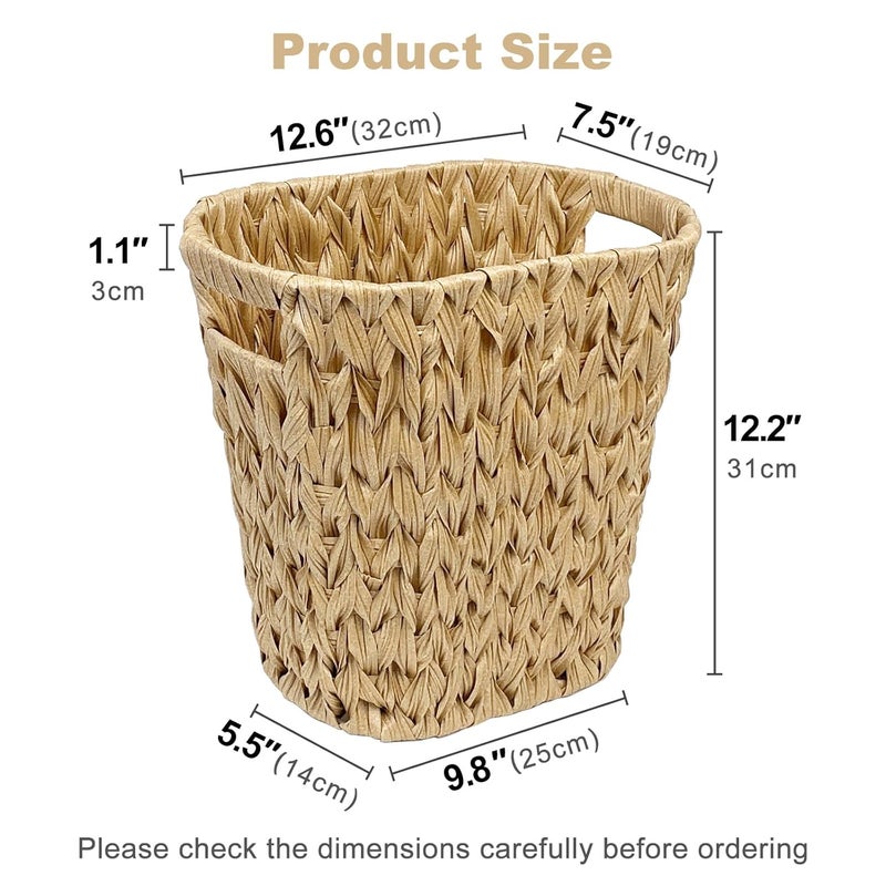 EITMOW Wicker Bathroom Trash Can, Waterproof Rattan-Style Waste Basket with Handles, Decorative Garbage Bin for Bedroom, Office, 12.6×7.5×12.2 Inch (1, Linen) - Image 2
