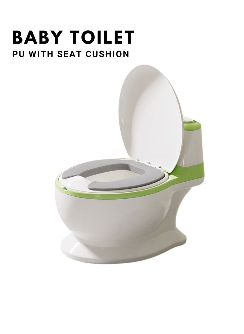 Moms Magic Baby Toilet PU with Seat Cushion – Artificial Potty with Flush Option, Tissue Holder, PVC/PU Cushions for Comfortable Potty Training – Green  - Image 2