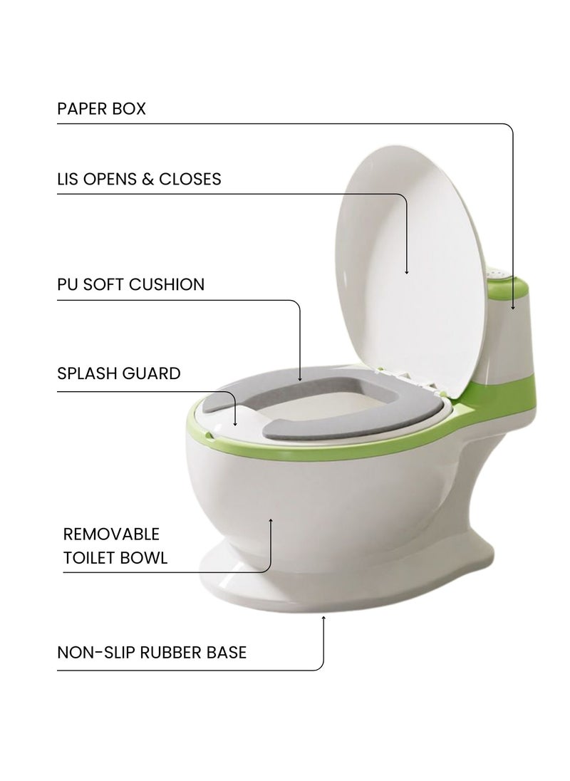 Moms Magic Baby Toilet PU with Seat Cushion – Artificial Potty with Flush Option, Tissue Holder, PVC/PU Cushions for Comfortable Potty Training – Green  - Image 3