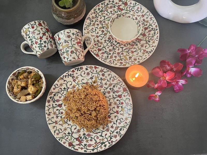 Crock Comforts Ceramic Handmade Handcrafted Stoneware Couple Goal Deer Pattern Dinner Set-Plates(10 inch) with Serving Bowl(4inch)& Coffee Mug(330ml)-Set of 2,Microwave & Dishwasher Safe,CGHRM - Image 1